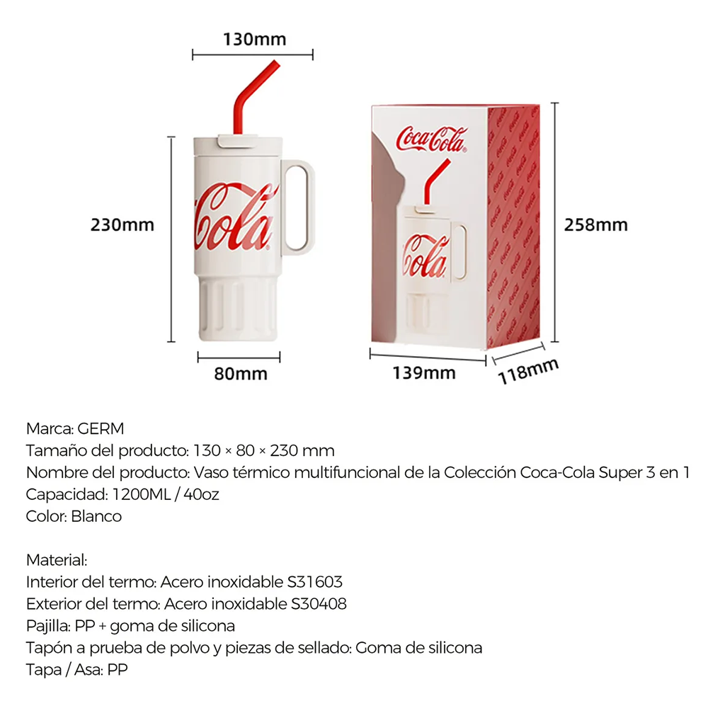 Vaso Térmico Premium Classic Germ X Coca-cola | 1200ml / 40 Oz | Beige Acero Inoxidable 3 en 1