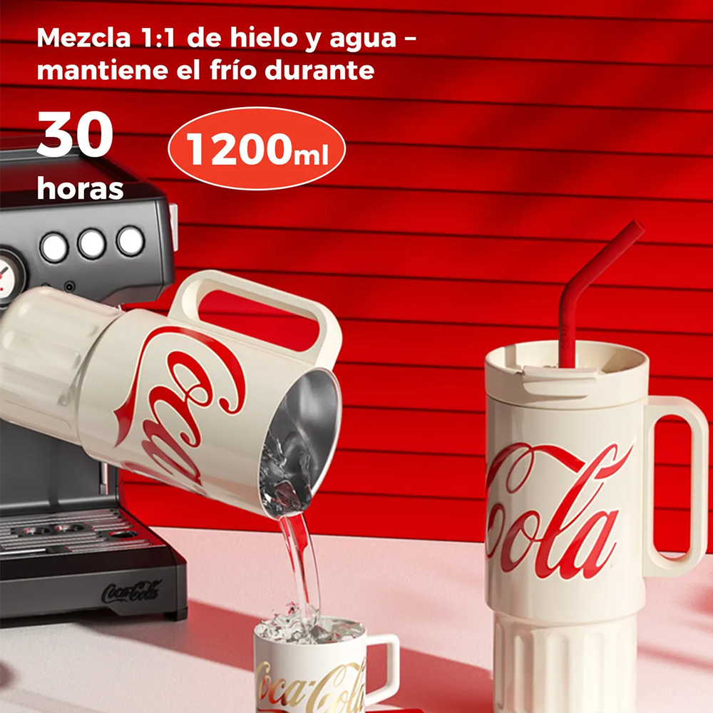 Vaso Térmico Premium Classic Germ X Coca-cola | 1200ml / 40 Oz | Beige Acero Inoxidable 3 en 1