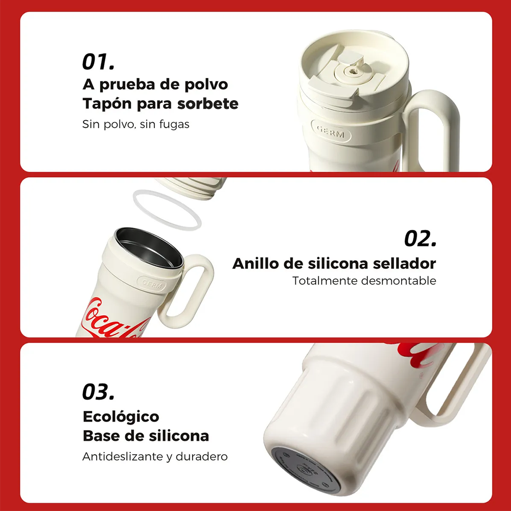 Vaso Térmico Premium Classic Germ X Coca-cola | 1200ml / 40 Oz | Beige Acero Inoxidable 3 en 1