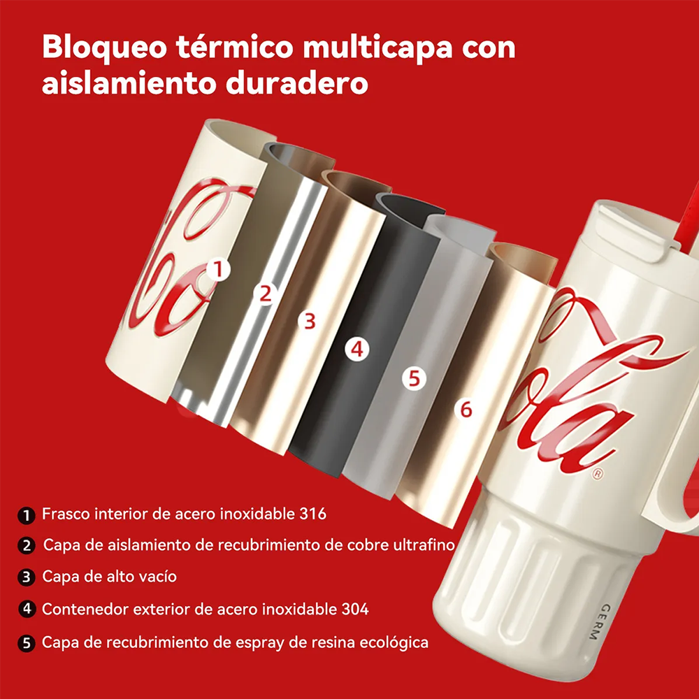 Vaso Térmico Premium Classic Germ X Coca-cola | 1200ml / 40 Oz | Beige Acero Inoxidable 3 en 1