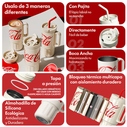 Tomatodo Coca-Cola 1200ml con pajita integrada y tapón antipolvo color blanco