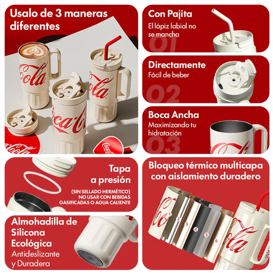 Tomatodo Coca-Cola 1200ml con pajita integrada y tapón antipolvo color blanco
