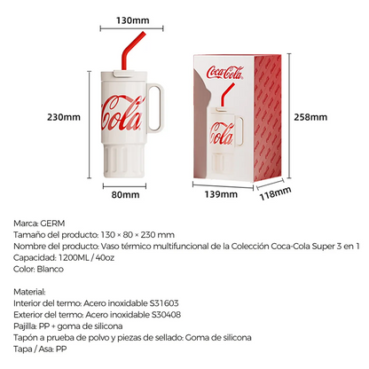 Vaso Térmico Premium Classic Germ X Coca-cola | 1200ml / 40 Oz | Beige Acero Inoxidable 3 en 1