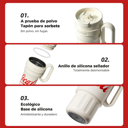 Vaso Térmico Premium Classic Germ X Coca-cola | 1200ml / 40 Oz | Beige Acero Inoxidable 3 en 1