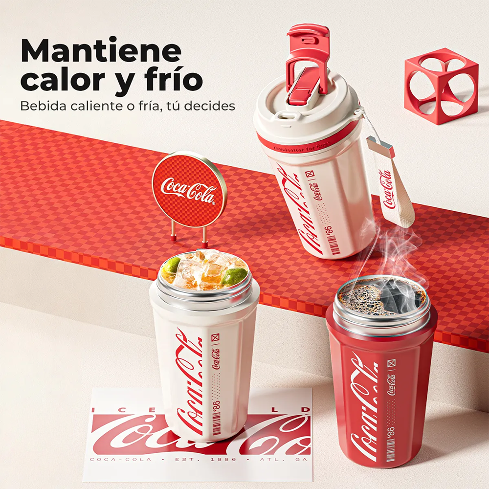 Termo mug Coca-Cola 550ml para bebidas calientes y frías con tapa segura anti derrames