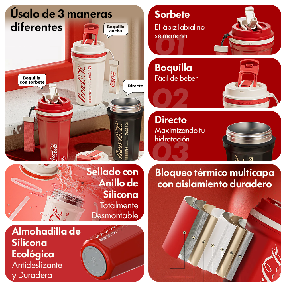 Mug térmico Coca-Cola 550ml con tapa hermética anti derrames para bebidas calientes